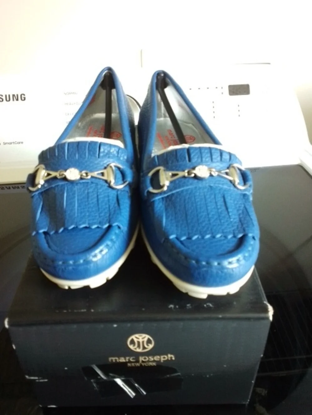 Marc Joseph Royal Blue Leather Kiltie Loafers with Metal Bit Women's